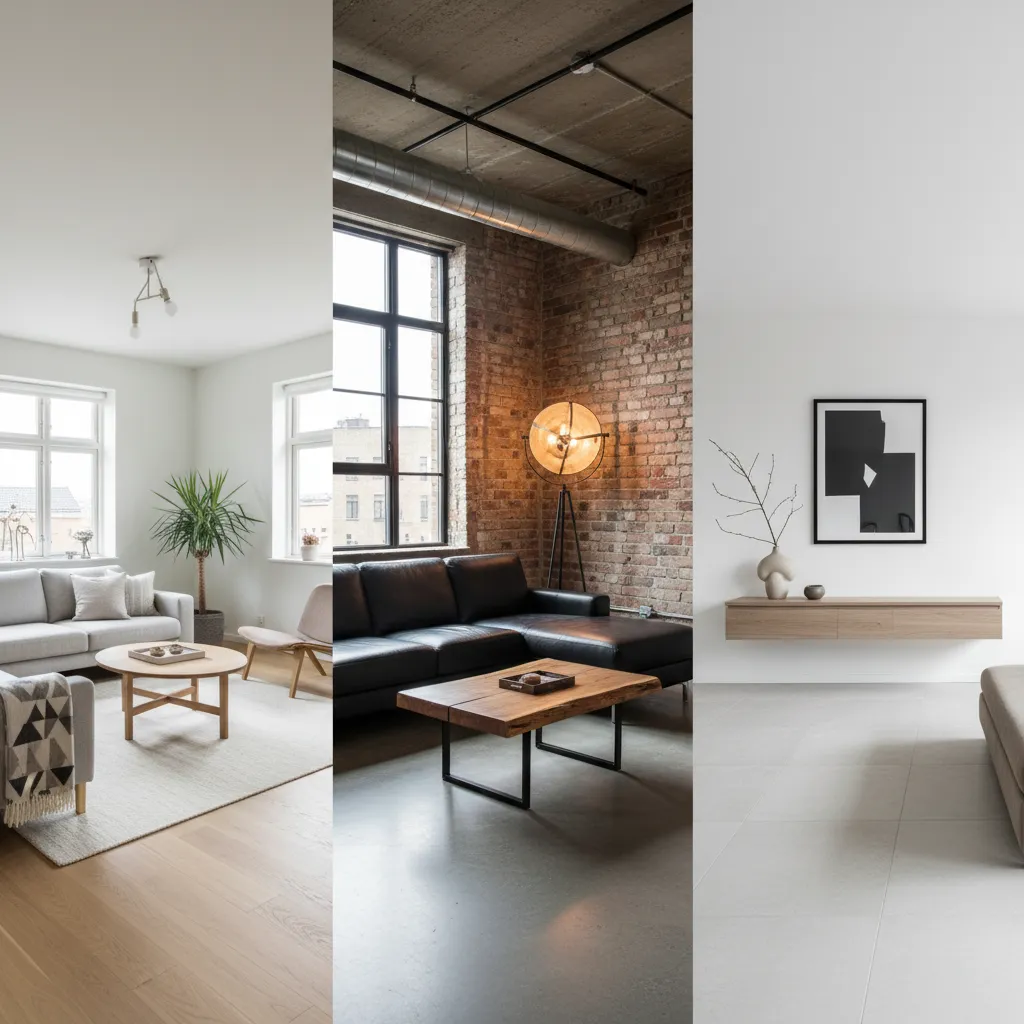 Comparison of three interior design styles including Scandinavian room, industrial living room, and minimalist furniture