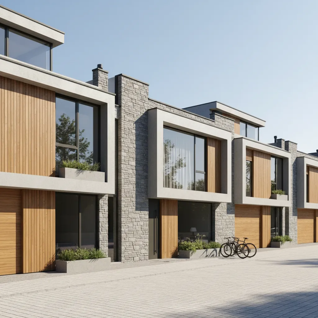 Row of modern townhouses with stone and wood walls large windows and bicycles parked outside