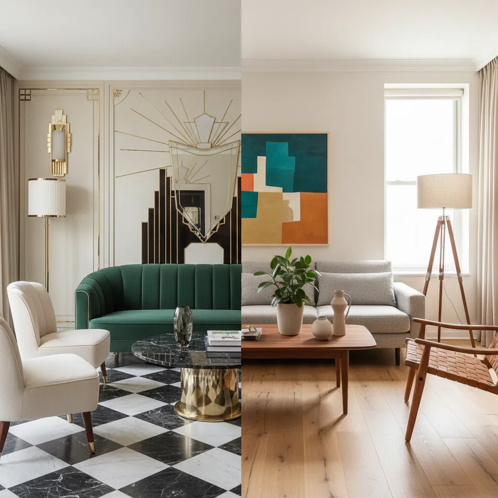 Side by side comparison of classic living room with green sofa versus modern living room