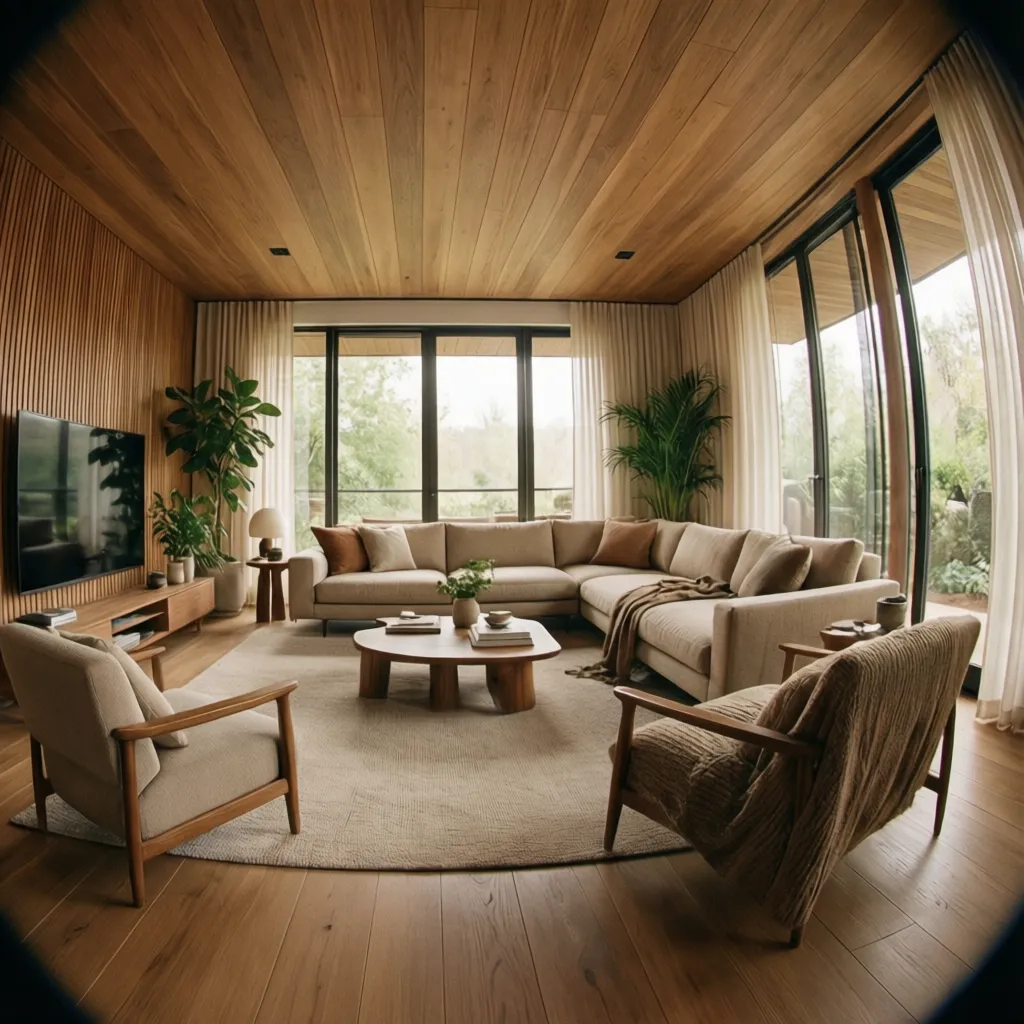 Salón moderno estilo minimalista cálido con madera y luz natural