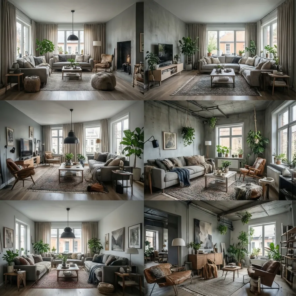 Collage de diferentes estilos de diseño interior como moderno escandinavo e industrial