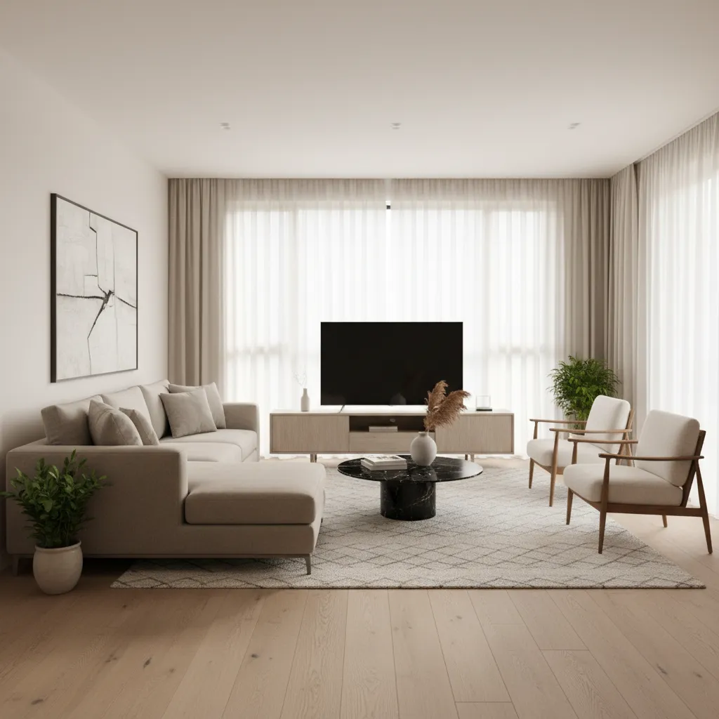 Sala de estar moderna con mezcla equilibrada de materiales y colores neutros