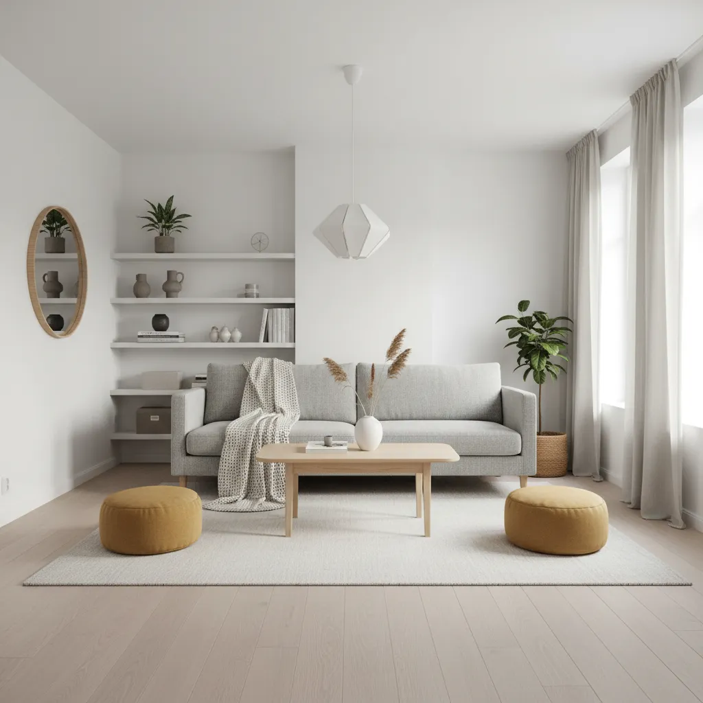 Salón moderno con mezcla de elementos escandinavos y minimalistas