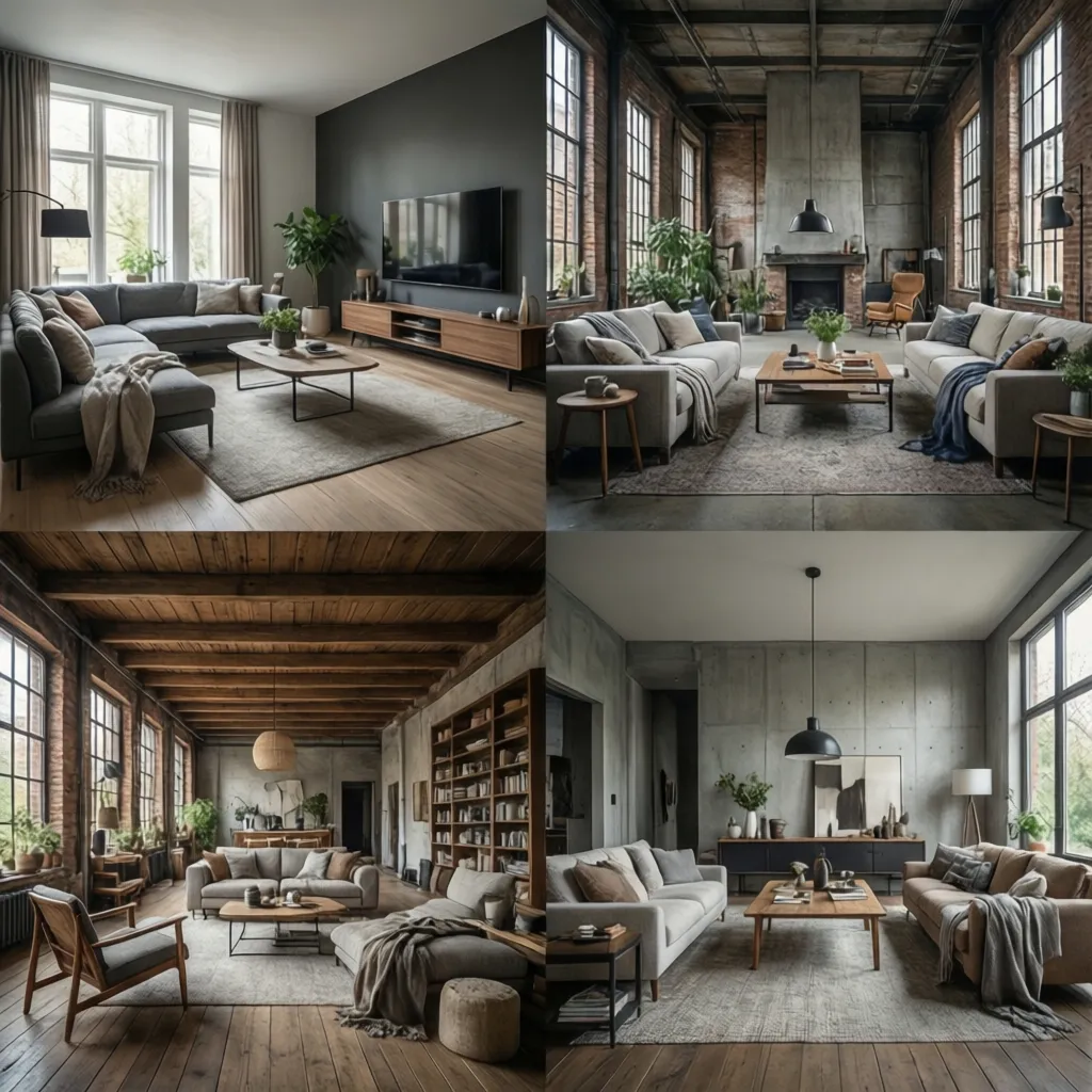 Four living room designs comparing modern industrial and rustic styles with different furniture and layouts