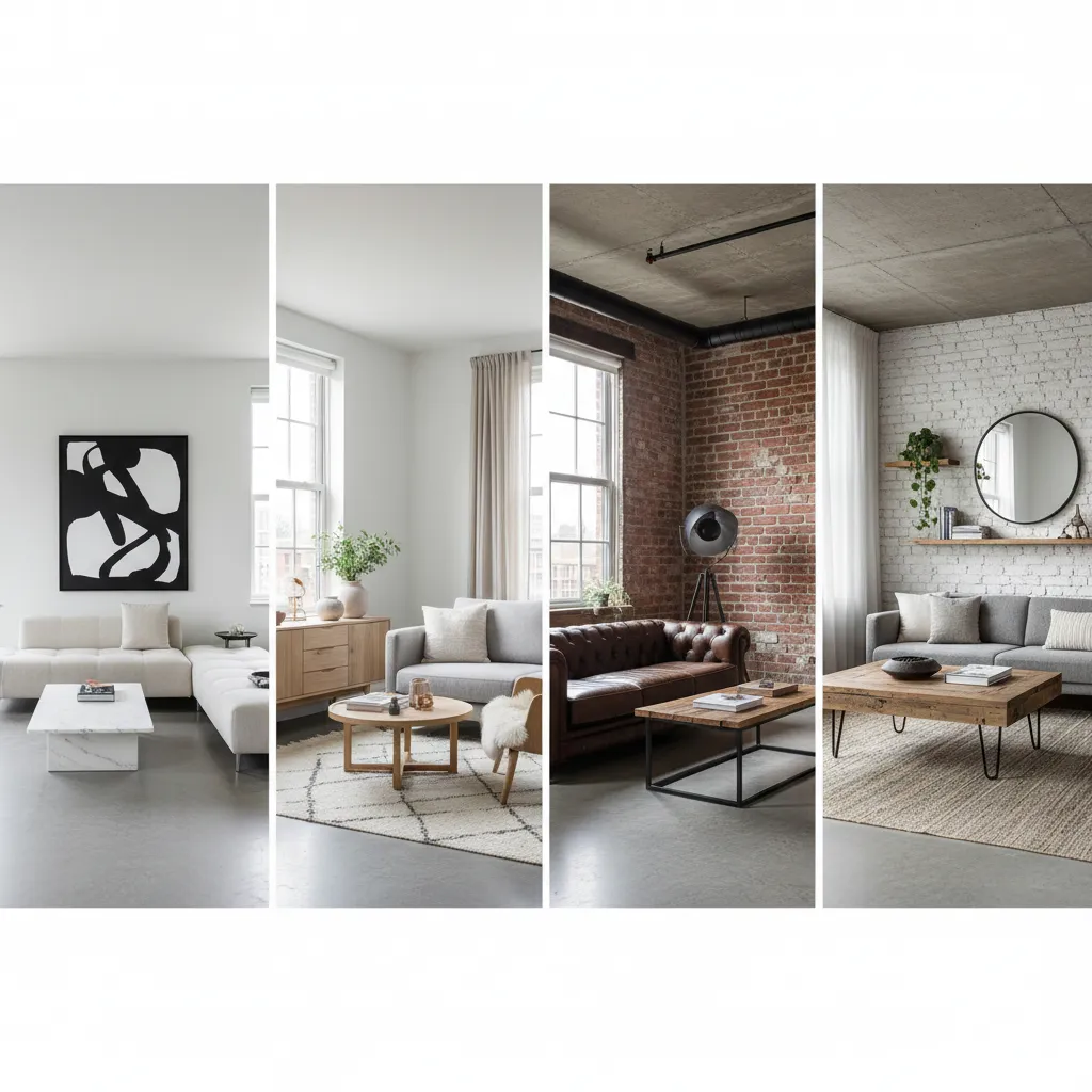 Four side by side vertical panels showing different living room styles from minimalist to industrial design