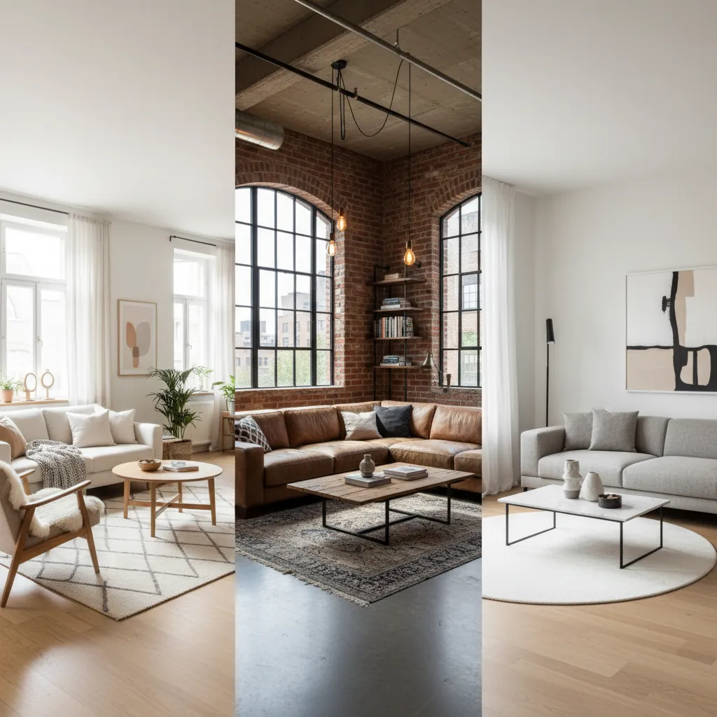 Three living room design styles with light wood furniture, industrial brick walls, and modern sofa