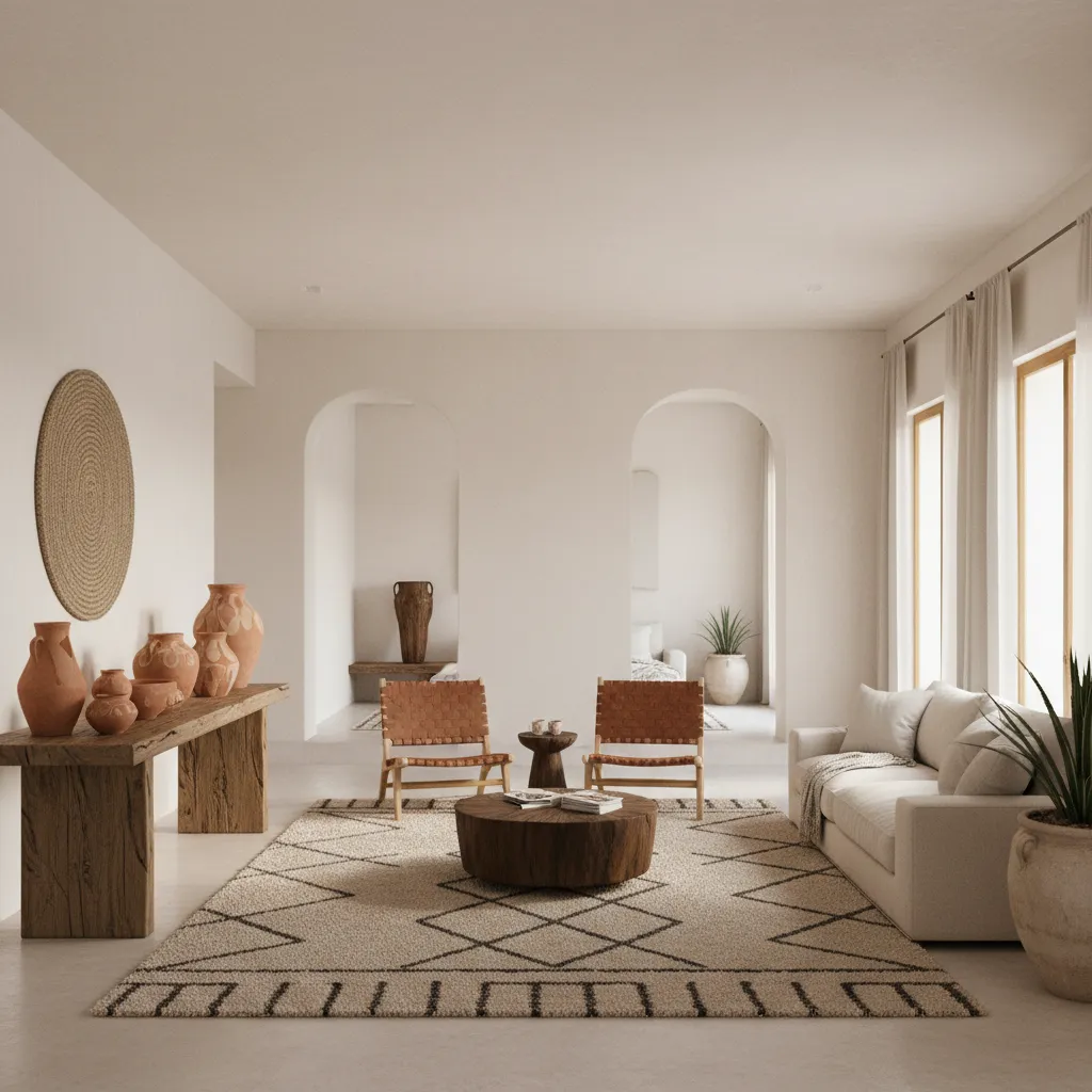 Espacio interior combinando minimalismo y elementos artesanales mexicanos