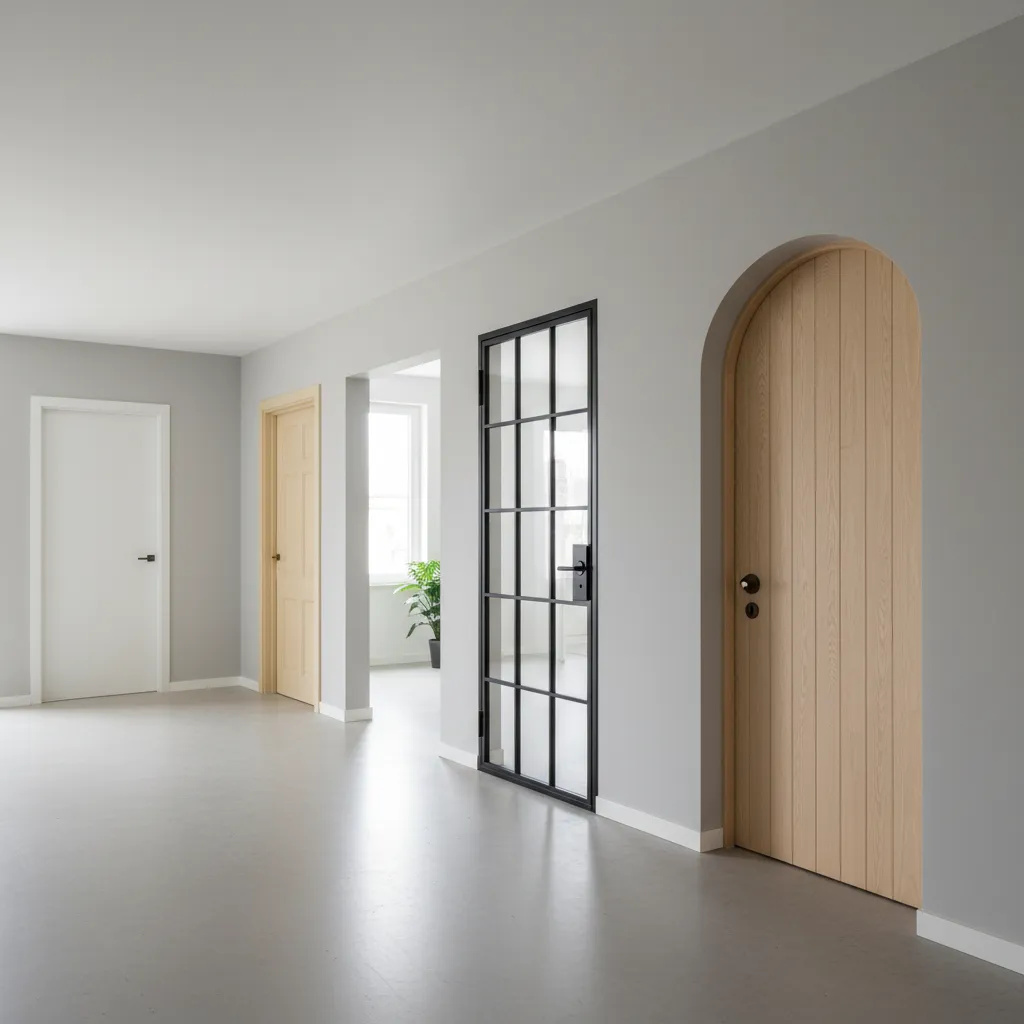 Diferentes estilos de puertas interiores en un pasillo moderno