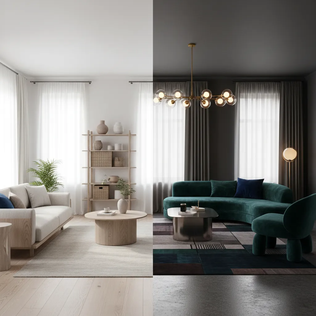 Side by side comparison of light minimalist design versus dark moody living room interior styles