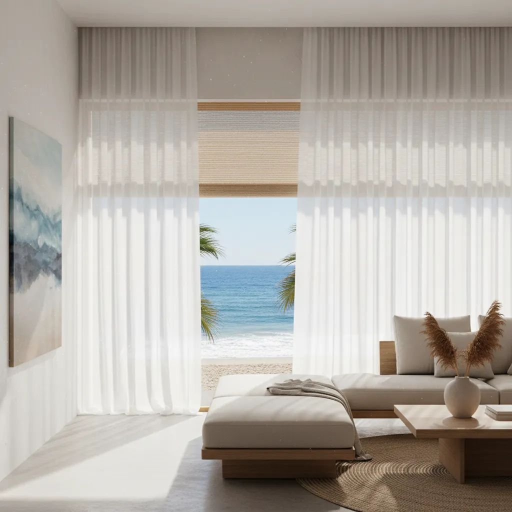 Ventana con estor enrollable y cortina ligera en casa de playa