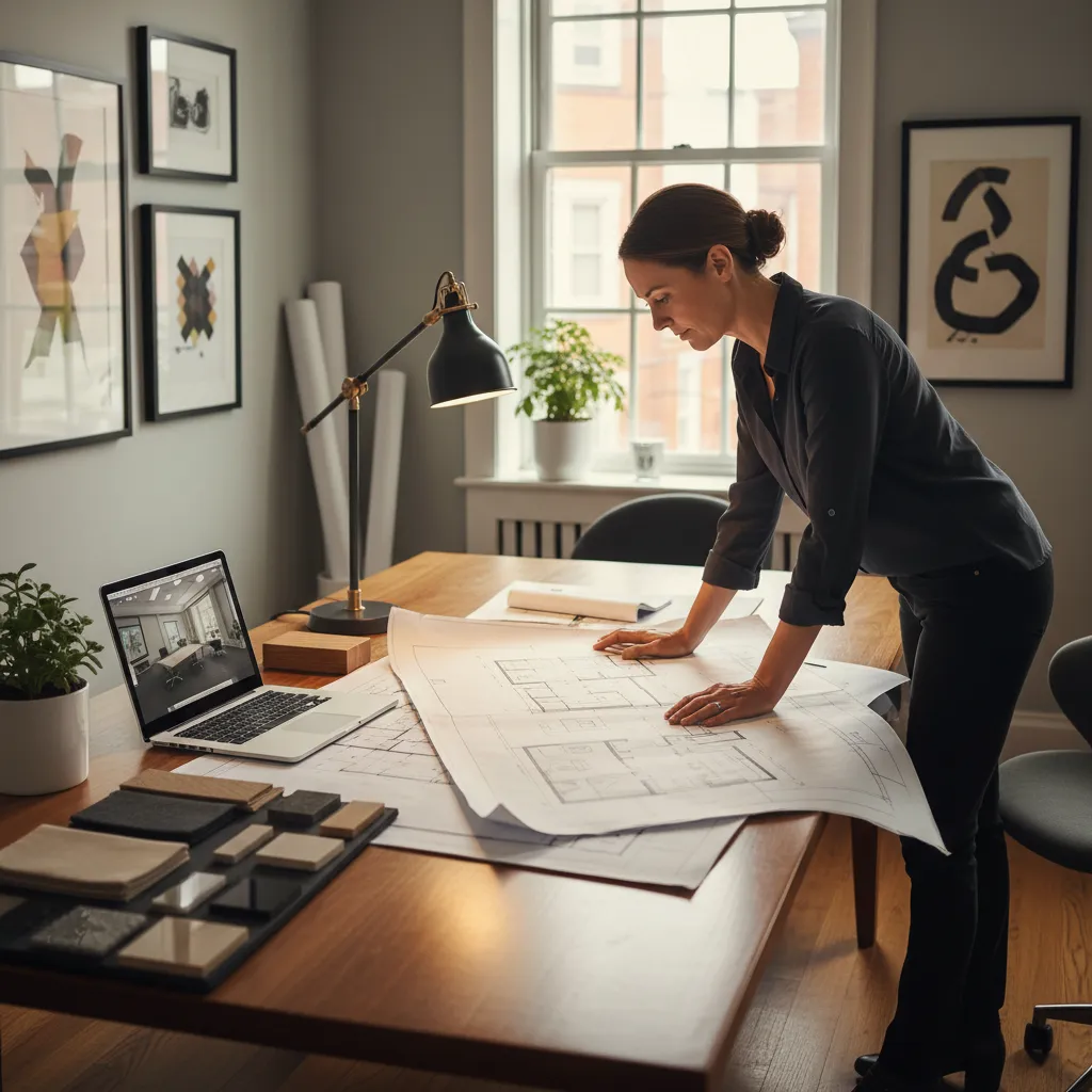 Interior designer reviewing large floor plan drawings on wooden desk with laptop and material samples