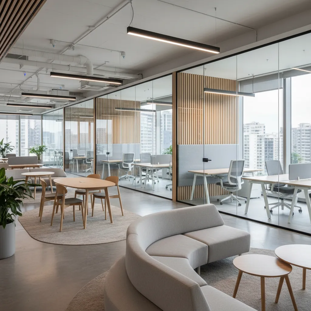 Modern open office space with glass walls wooden panels grey sofa round tables ceiling lights