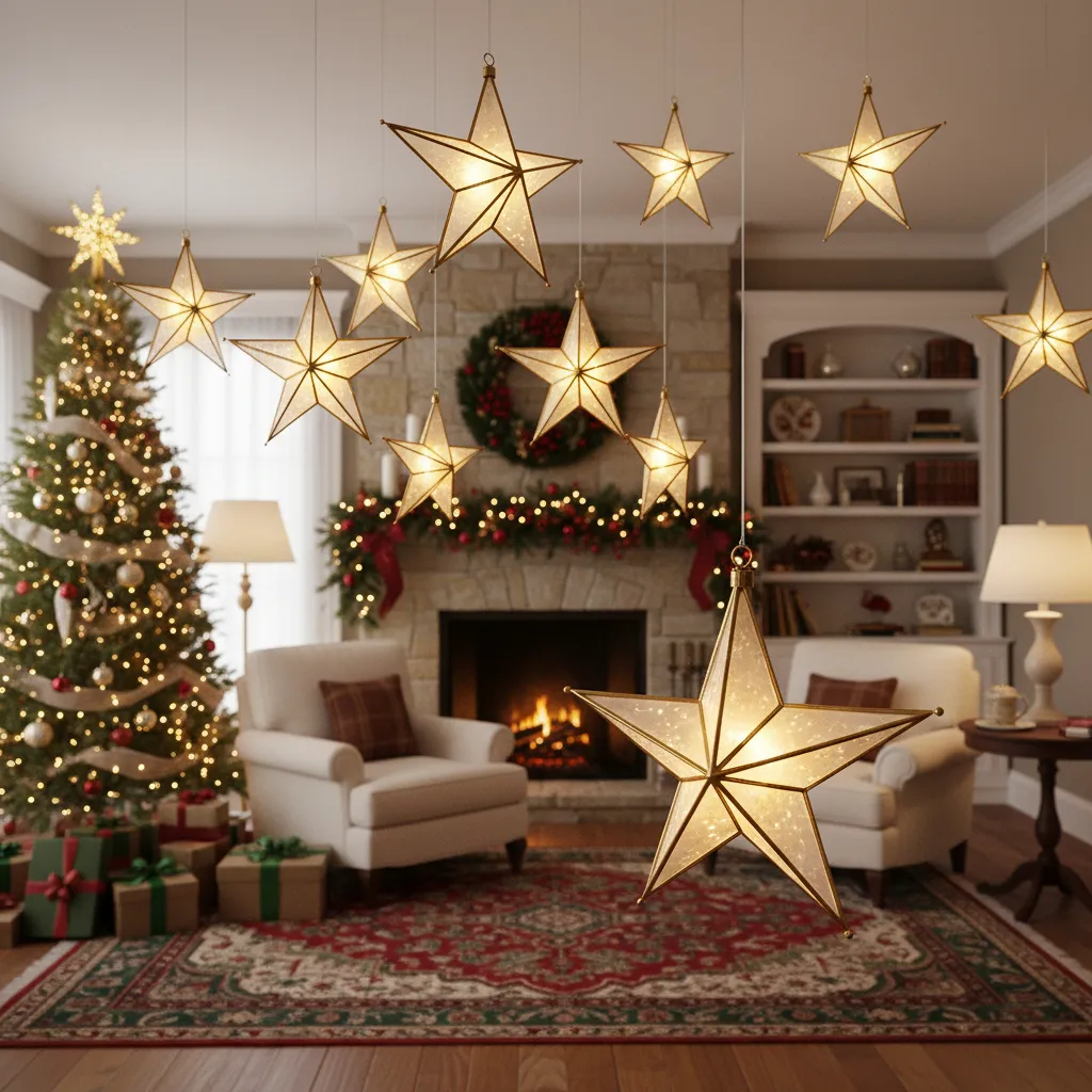 Estrellas navideñas colgando del techo a diferentes alturas