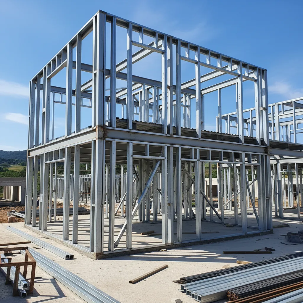 Estructura metálica de una casa prefabricada en proceso de montaje