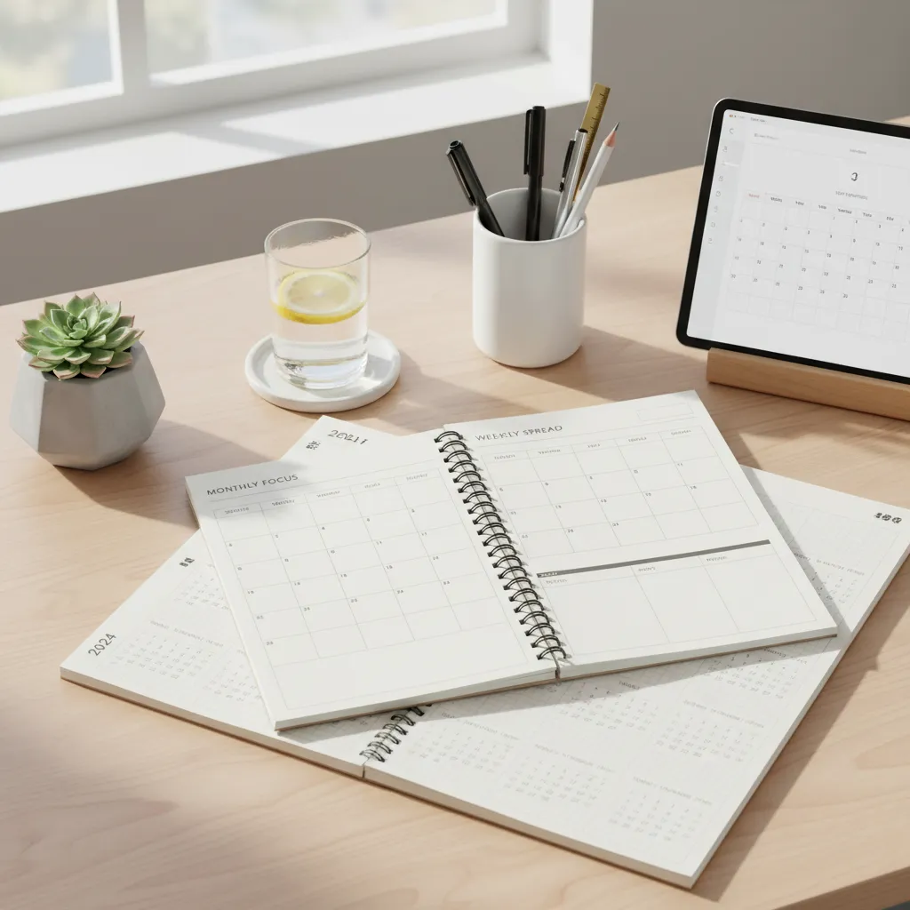 Estructura visual de una agenda con calendario anual, mensual y semanal