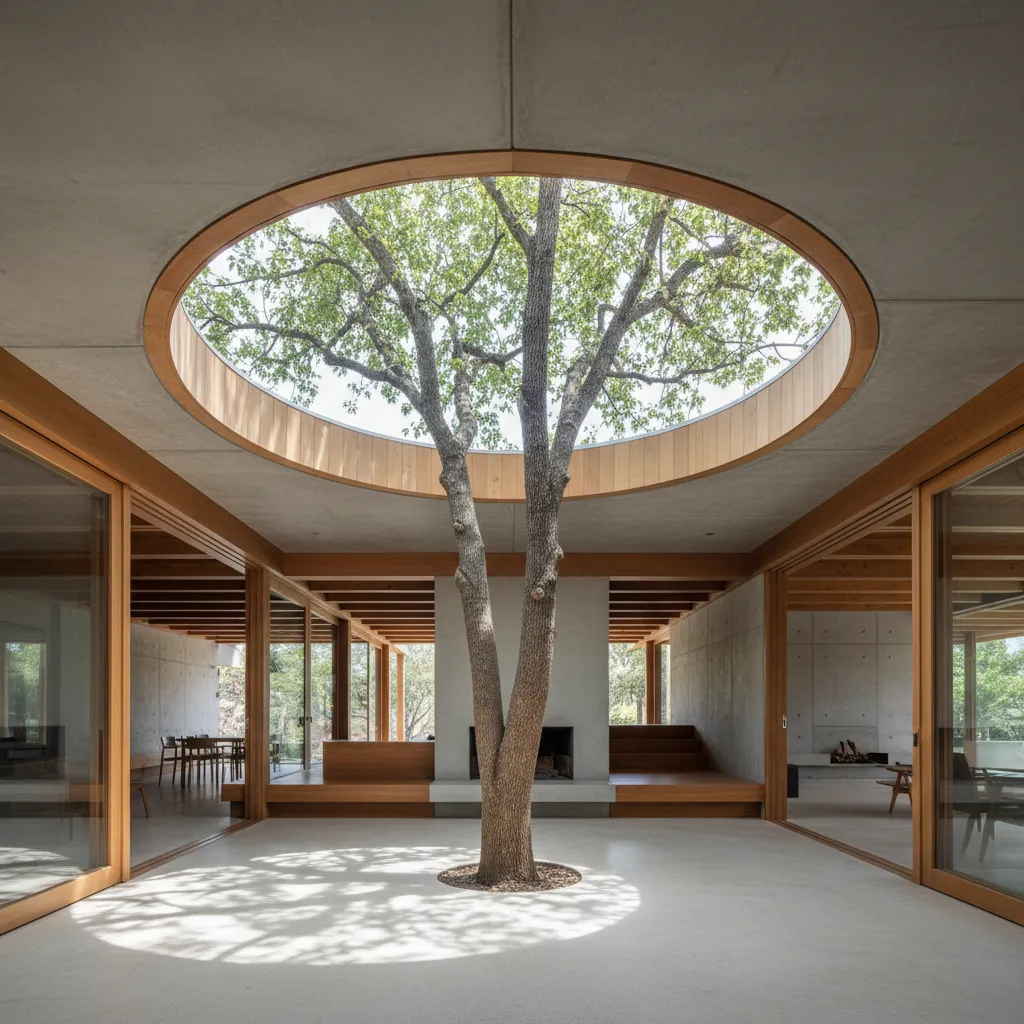 Detalle arquitectónico de un árbol atravesando una abertura en la cubierta