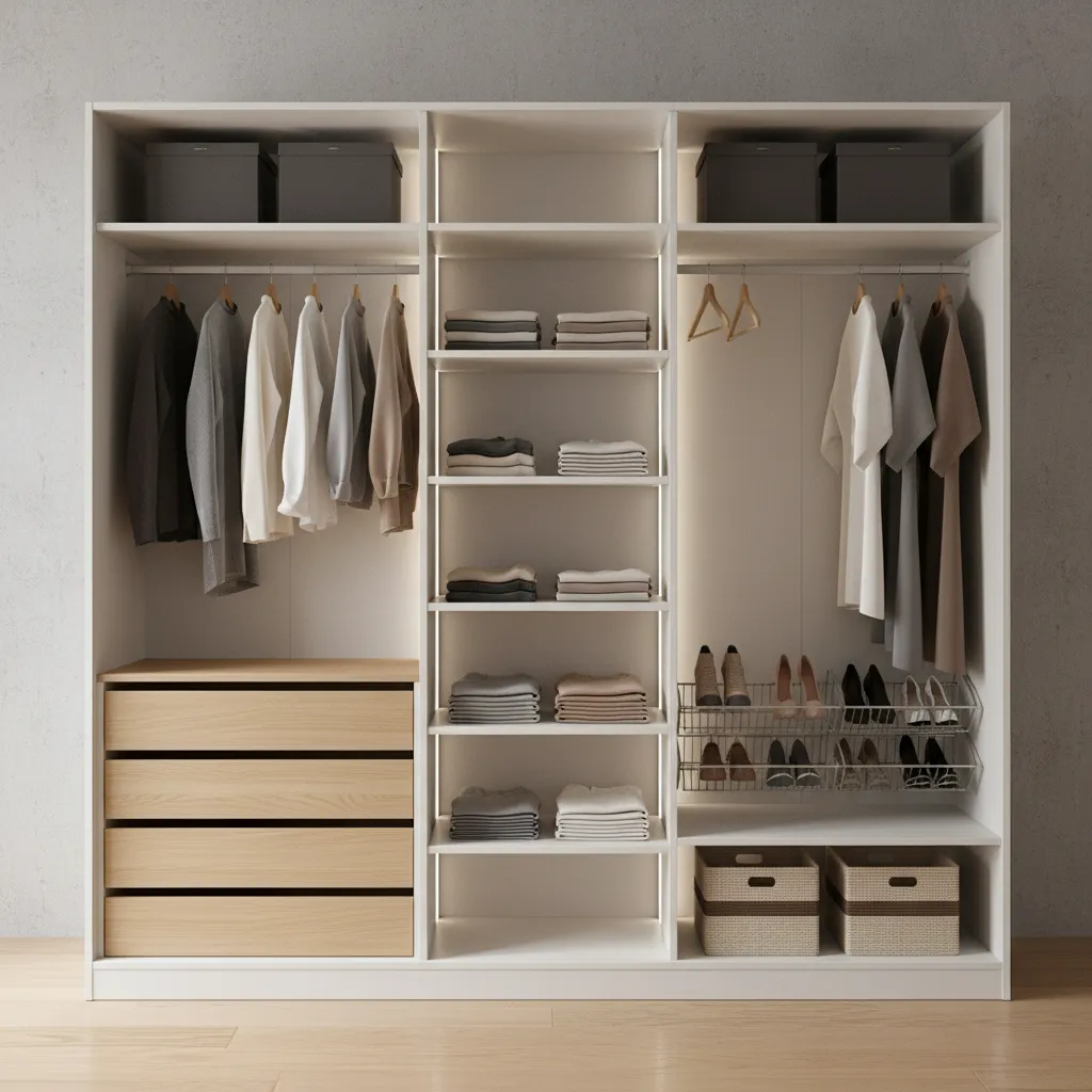 Modern white closet interior design with wooden drawers shelves hanging clothes shoes and storage boxes