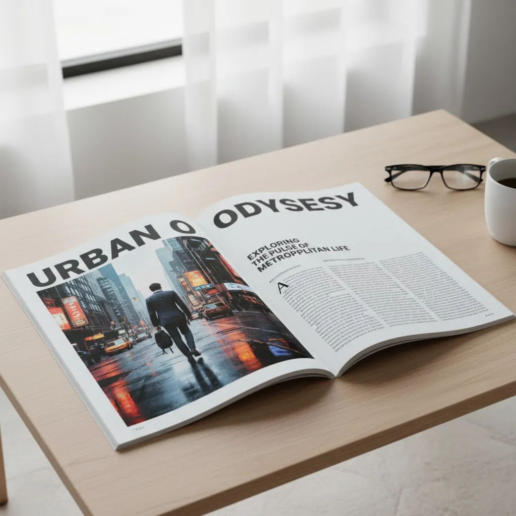 Diseño de doble página de revista con título grande imagen y columnas de texto