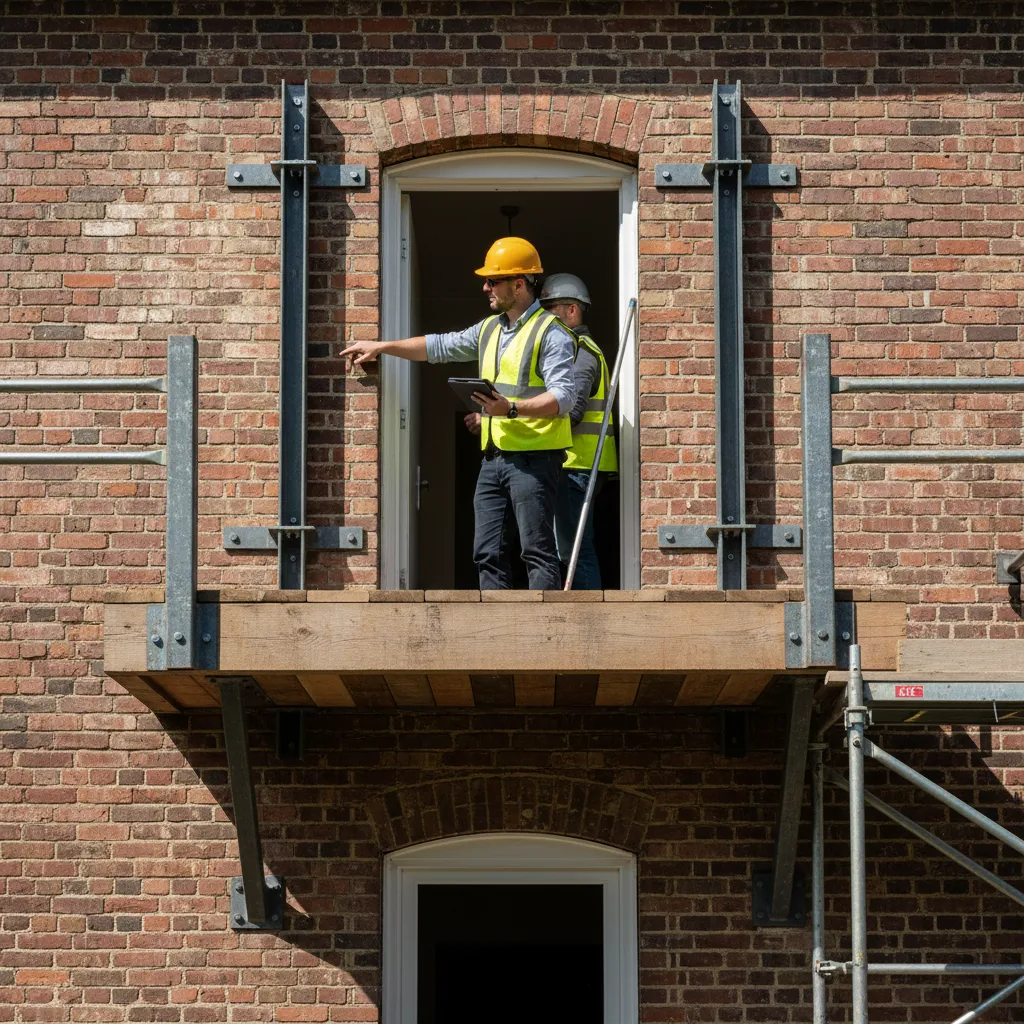 Two workers in safety vests building a wooden balcony platform on an old brick wall
