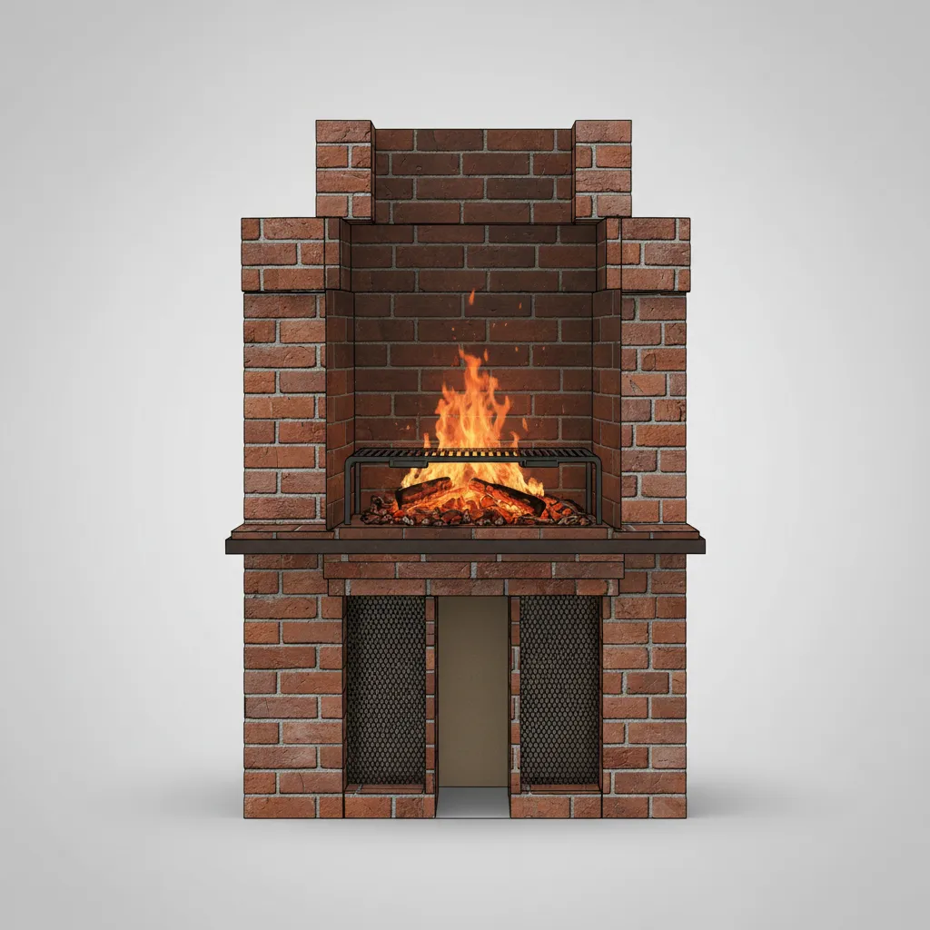 Red brick indoor barbecue structure with burning wood fire metal rack and bottom storage spaces