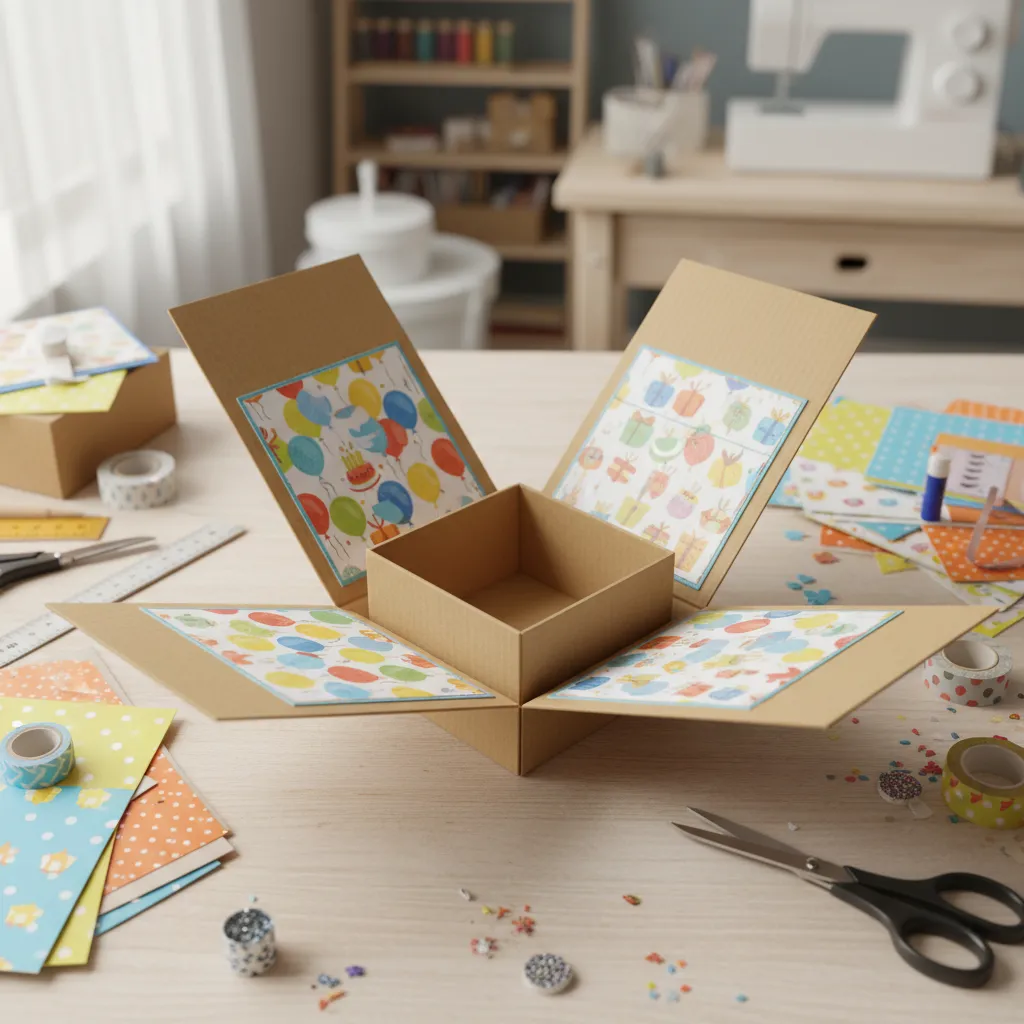 Estructura de una caja sorpresa abierta mostrando capas interiores