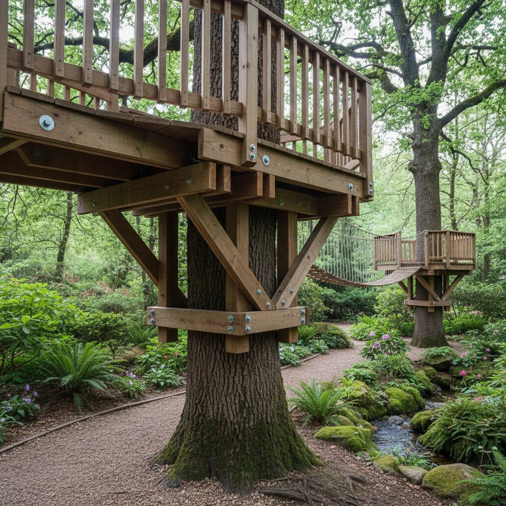Estructura de plataforma de casa de árbol anclada a un tronco grande