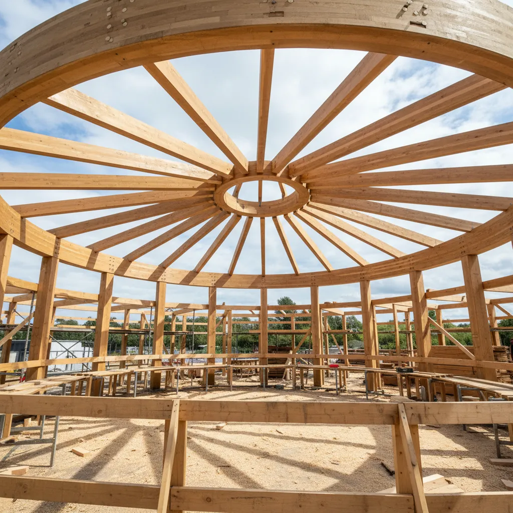 Estructura radial de una casa circular de madera en construcción