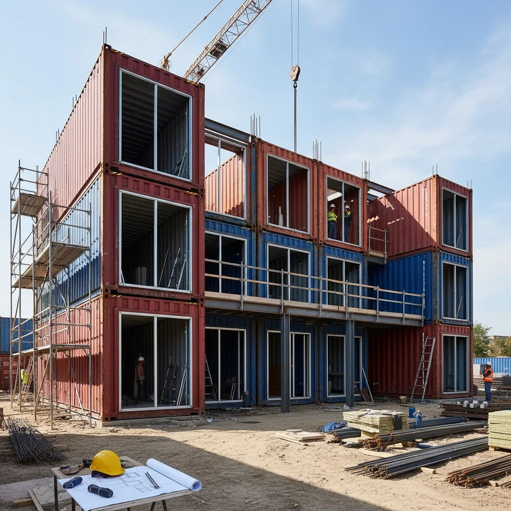 Estructura de vivienda formada por varios contenedores apilados durante la construcción