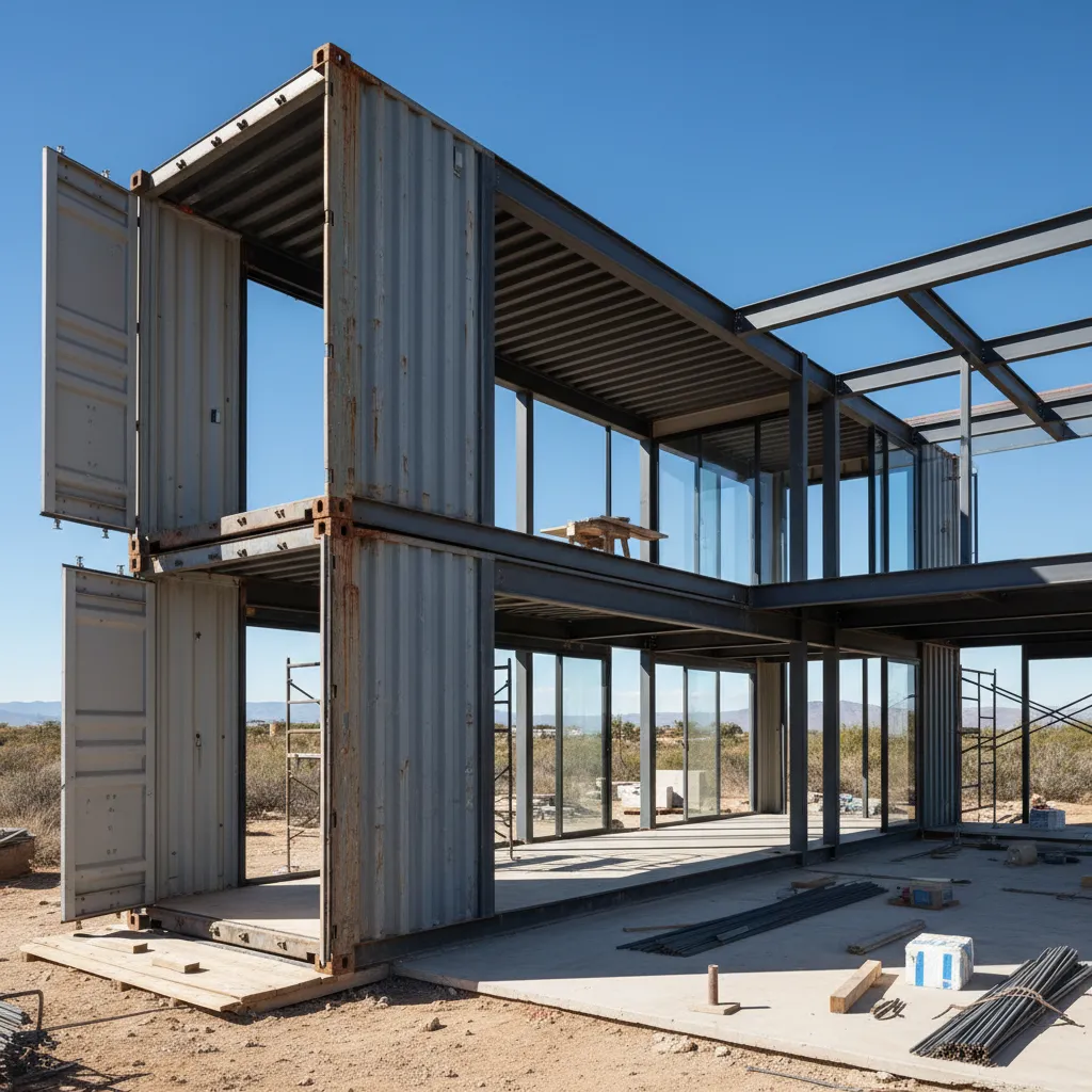 Estructura de una casa hecha con tres contenedores marítimos