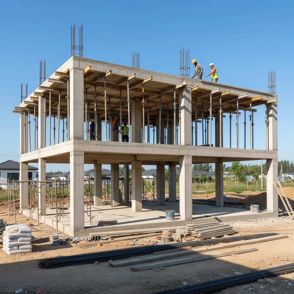 Estructura de construcción de una casa de dos pisos mostrando columnas y vigas