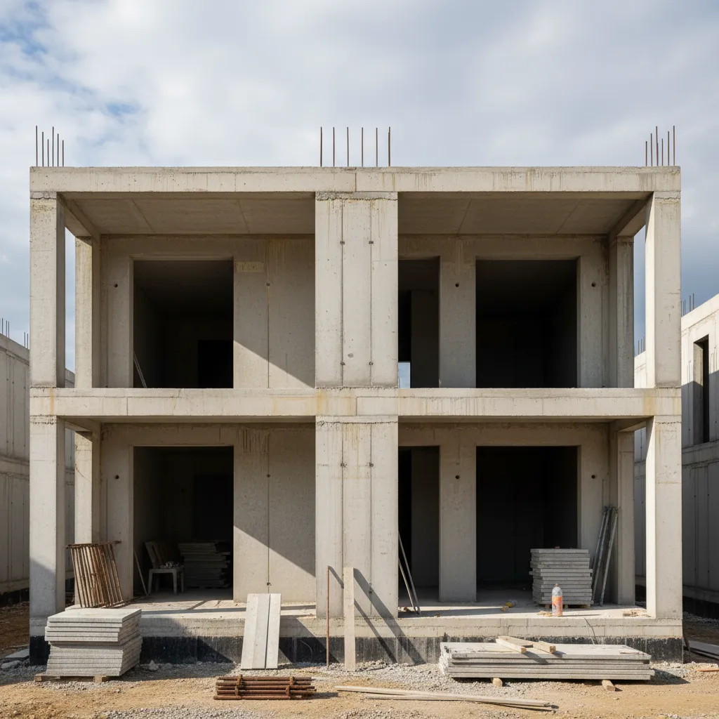 Estructura de casa de dos pisos con losa de concreto durante construcción
