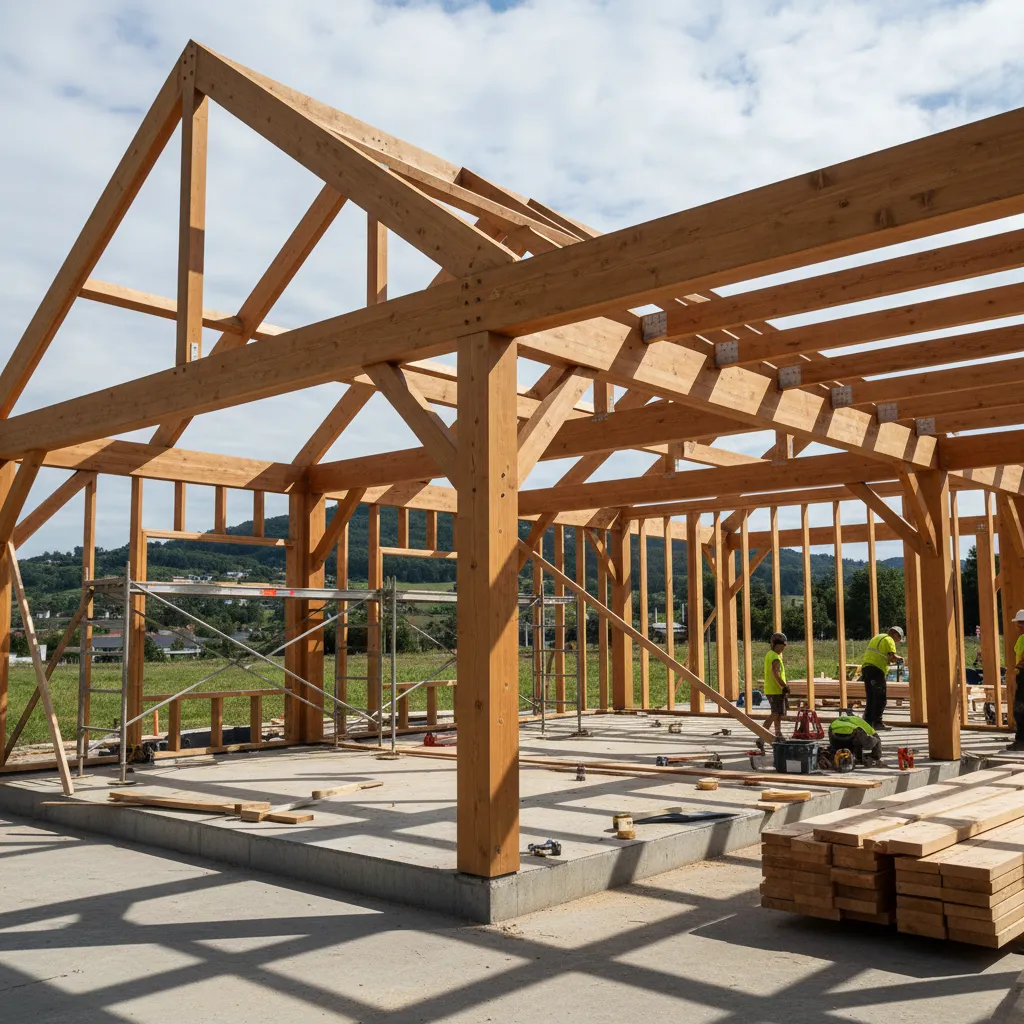 Estructura de entramado de madera durante la construcción de una vivienda