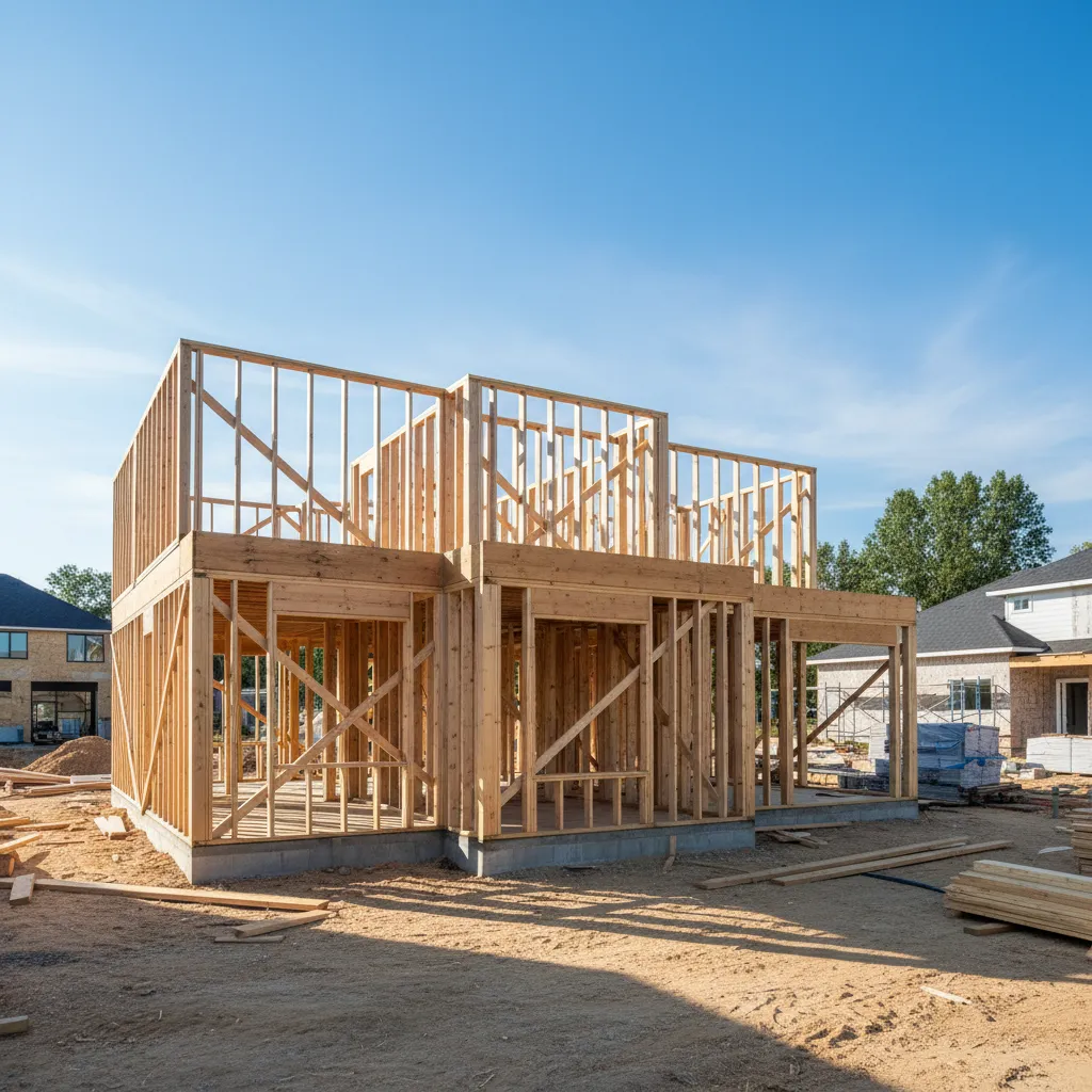 Estructura de entramado de madera en construcción de una vivienda