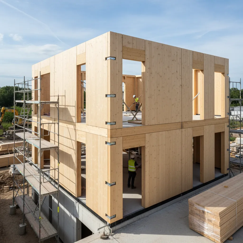 Two story wooden house under construction with metal scaffolding and workers in yellow safety vests
