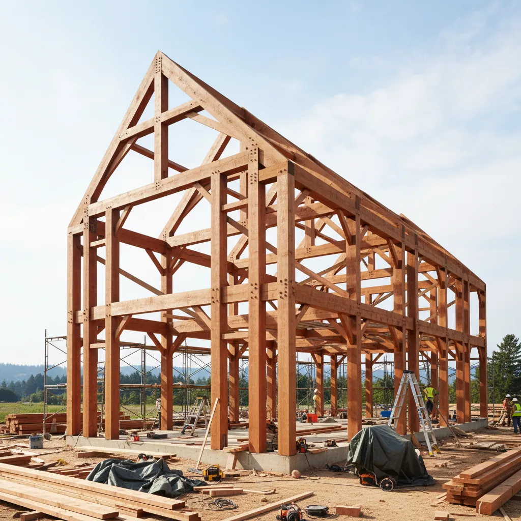 Estructura de una casa de madera en fase de diseño y construcción