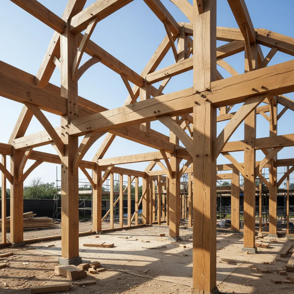 Estructura visible de una casa de madera durante el proceso de diseño y construcción
