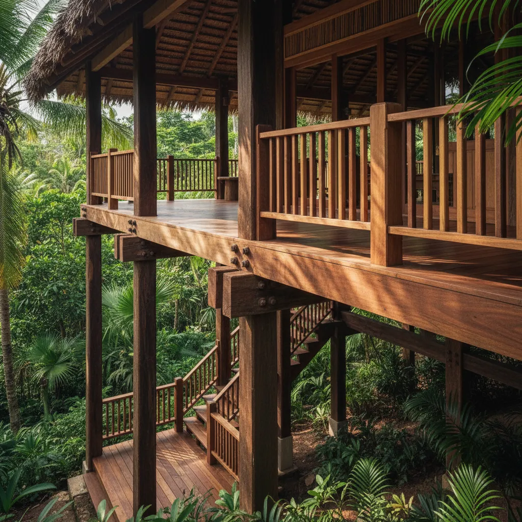 Elevated wooden balcony with stairs and railing surrounded by lush green tropical trees and plants