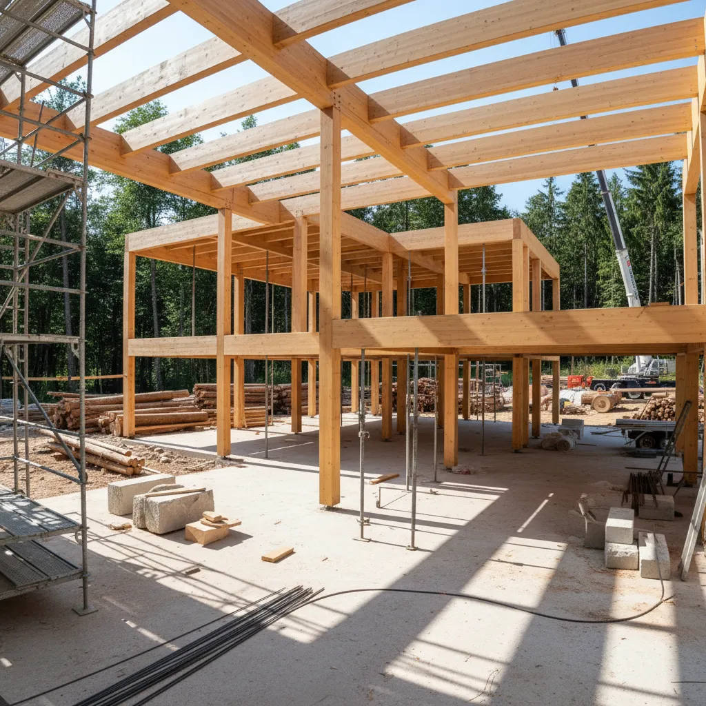 Estructura de casa moderna de madera en proceso de construcción