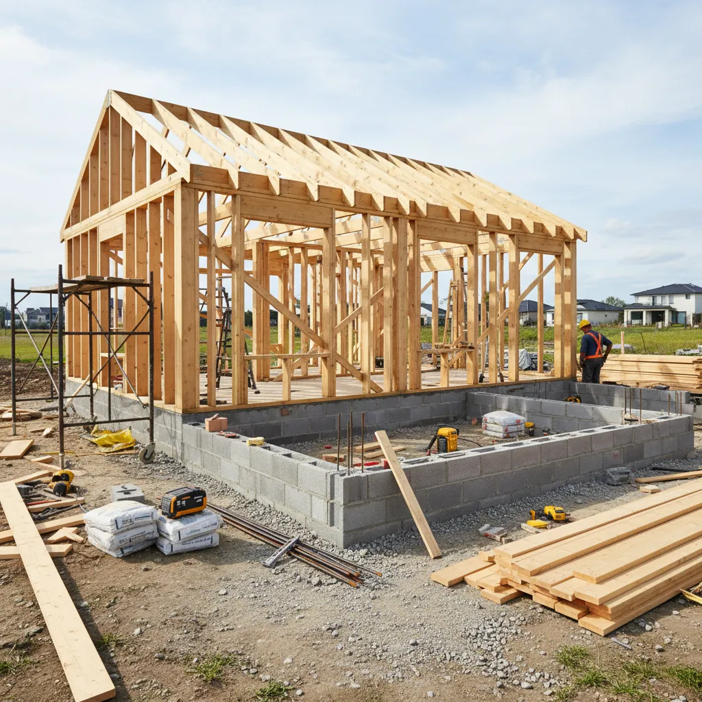 Estructura de casa económica en construcción con madera y bloques