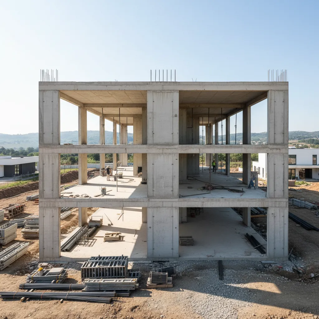 Estructura de una casa moderna en construcción con grandes ventanales