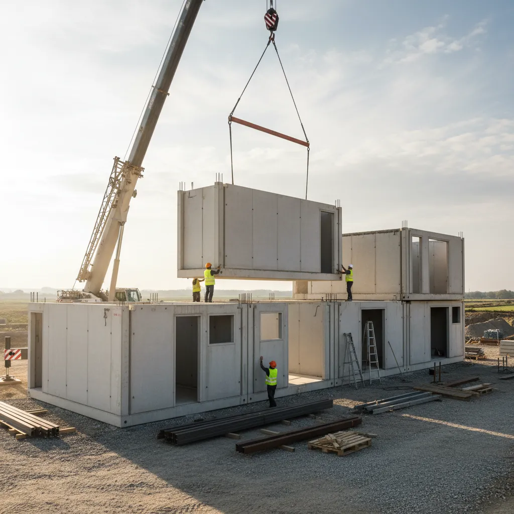 Módulos estructurales de hormigón siendo ensamblados en una casa modular