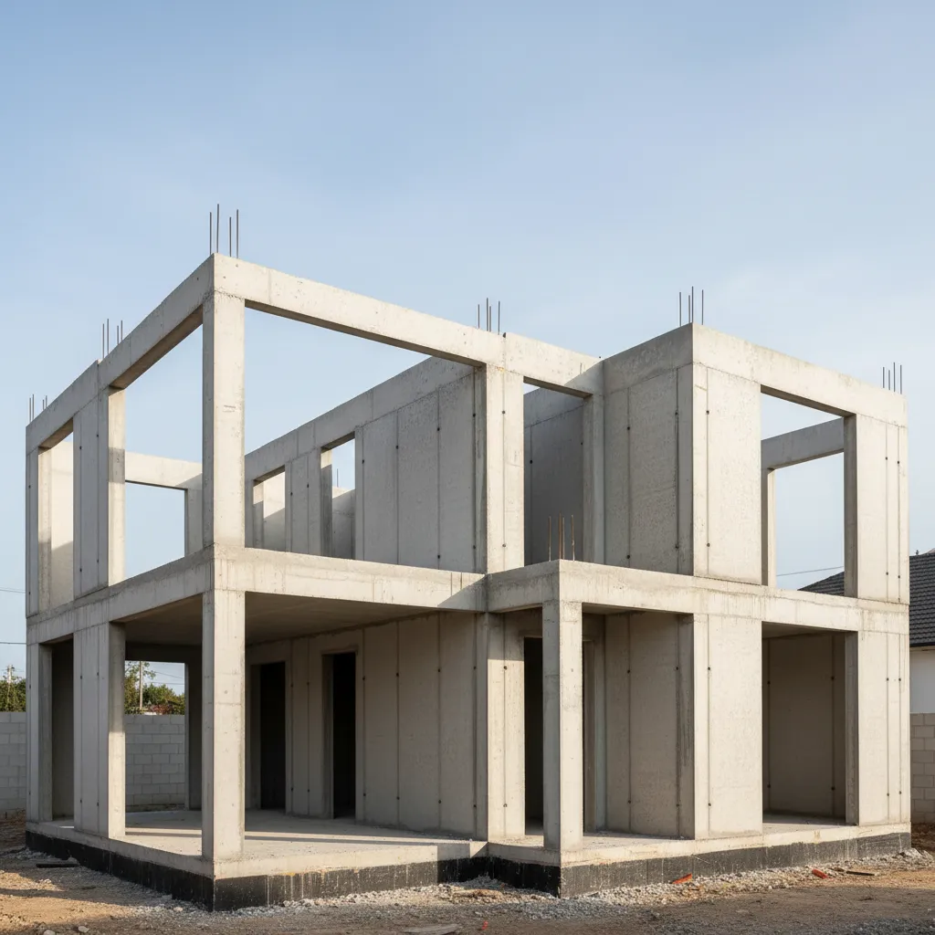 Estructura básica de una casa con columnas y muros de carga visibles