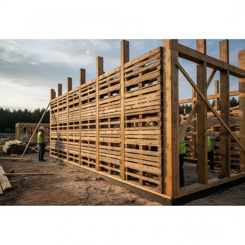 Construction workers building a house with wooden pallet walls on an outdoor site with forest