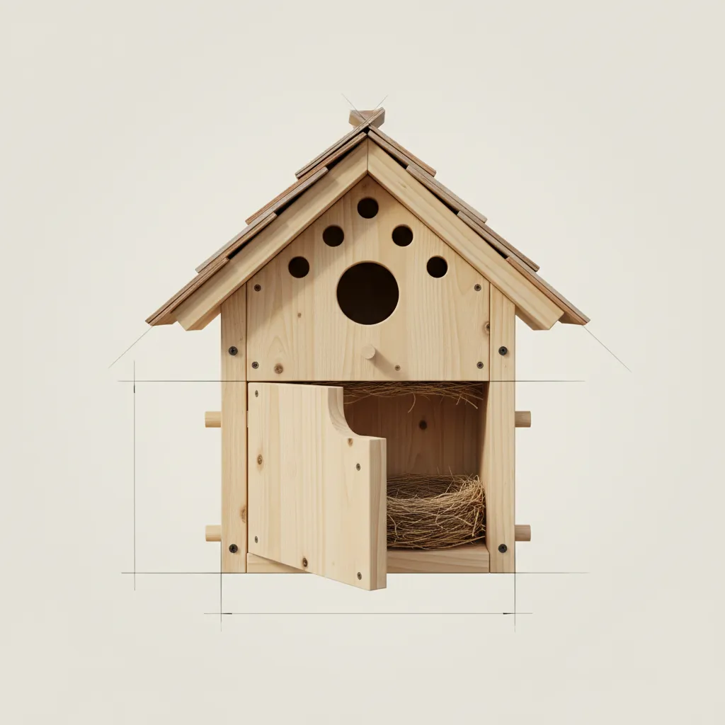 Interior design drawing of a wooden birdhouse showing the open door and bird nest inside