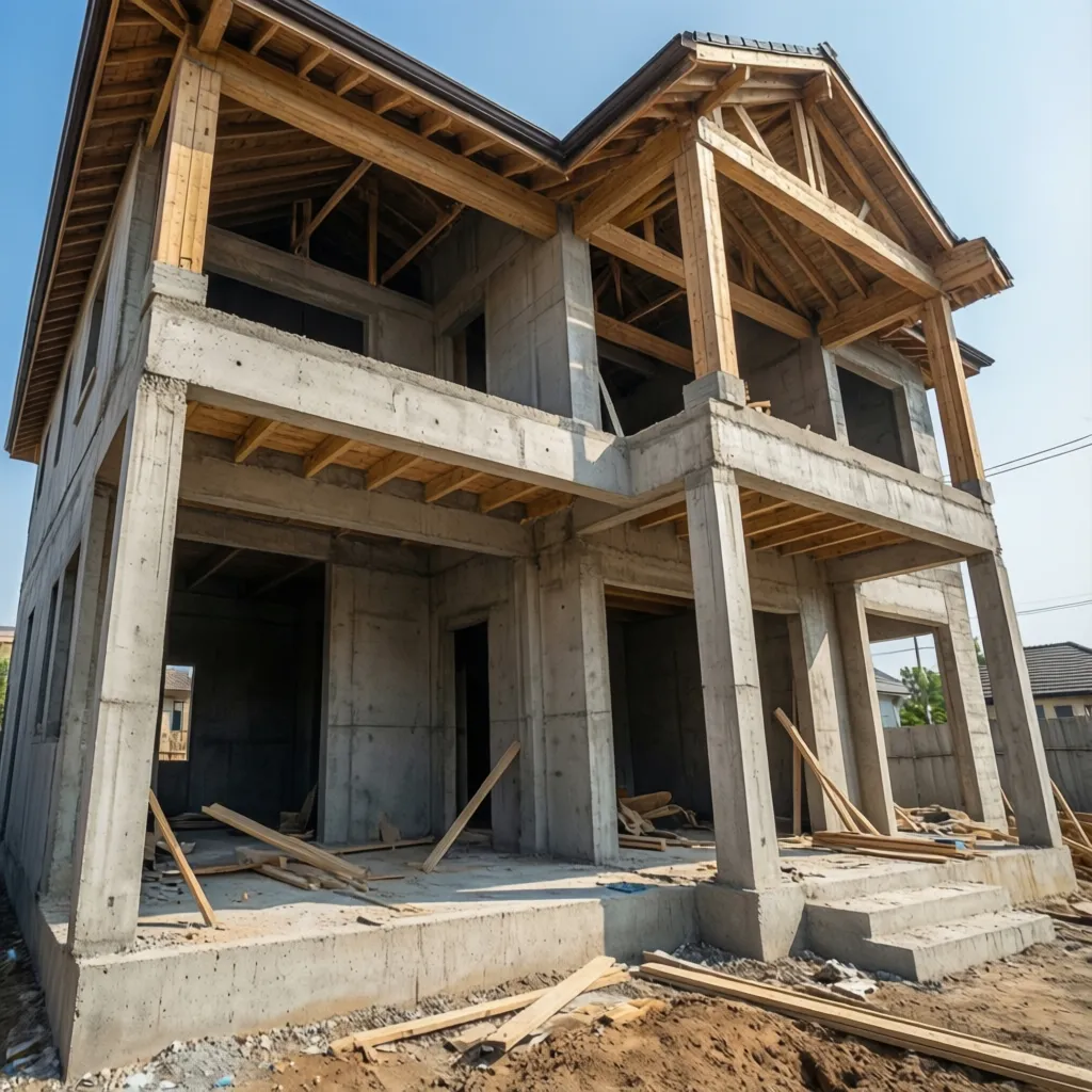 House under construction with gray concrete walls and wooden roof frames on a building site