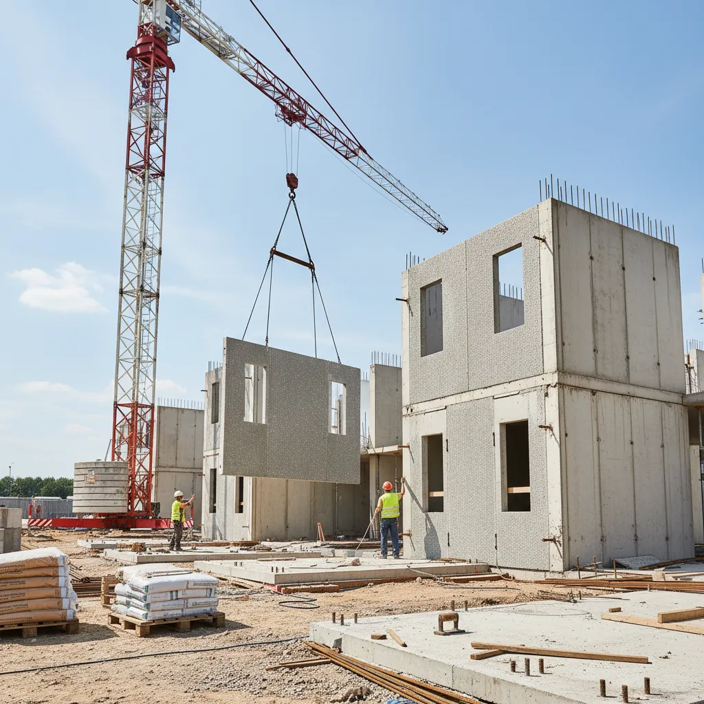 Estructura de una casa prefabricada de hormigón durante el montaje