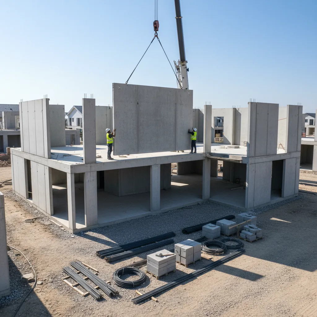 Crane lifting a large concrete wall panel onto a house structure with workers standing nearby