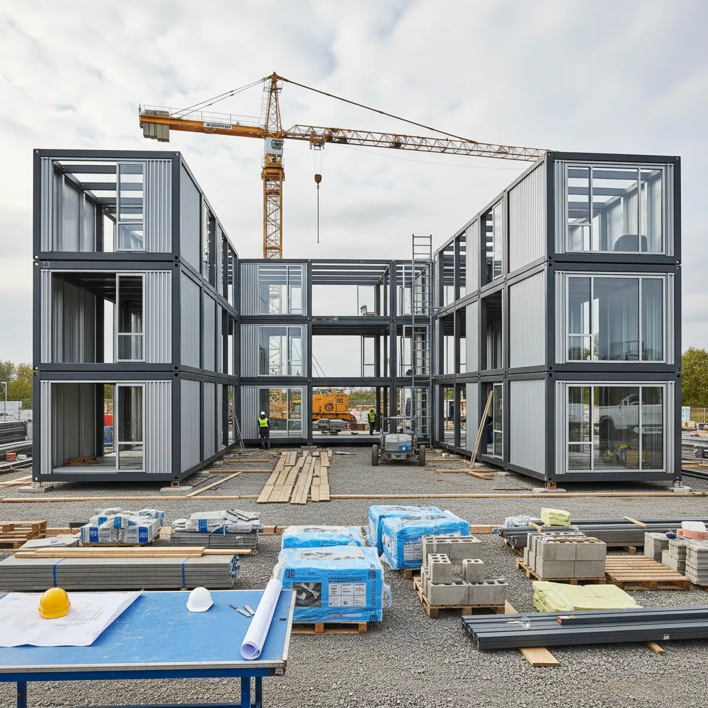 Estructura modular de una casa prefabricada en forma de L en construcción
