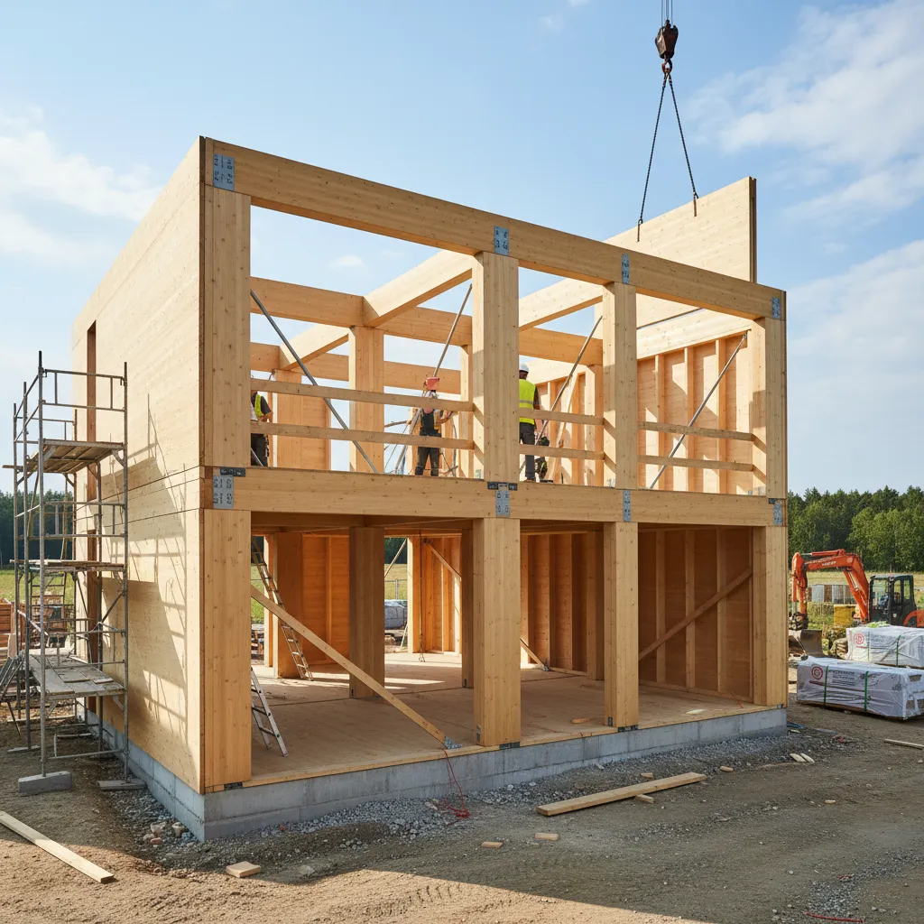 Estructura de madera en construcción de casa prefabricada