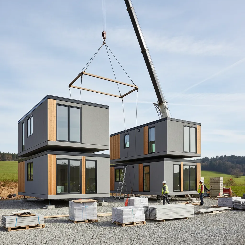 Estructura modular de una casa prefabricada moderna en proceso de montaje